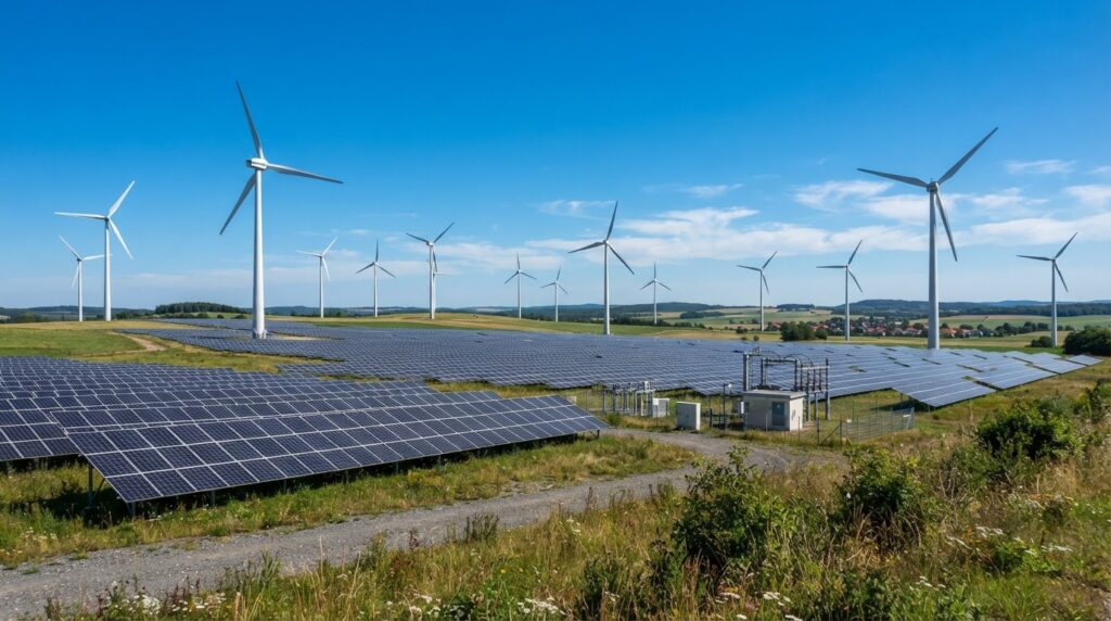 Wind turbines and solar panels in a green field under blue sky